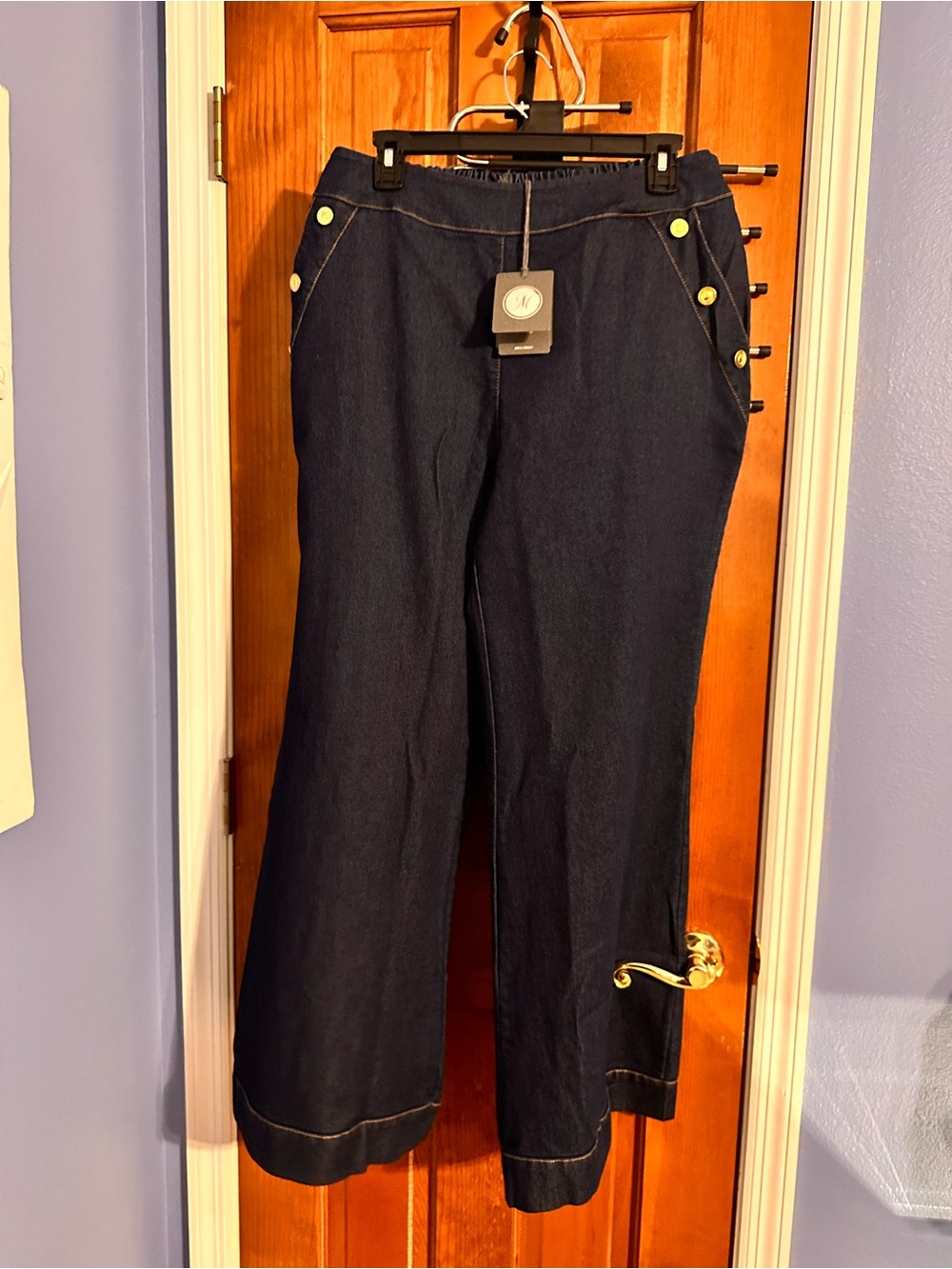 Wide-Leg Dark Blue Denim Pants with Button Trim